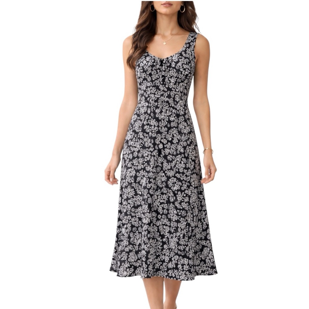 Ann Taylor LOFT Black White Floral Midi Dress Size 0 Sleeveless Tie Neck